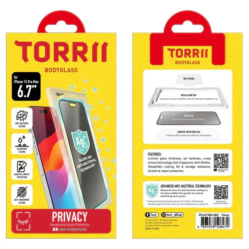 iPhone 15 Pro Max Torrii Bodyglass Screen Protector Anti-Bacterial Coating - Privacy Black - Tashqila iPhone 15 Pro Max Torrii Bodyglass Screen Protector Anti-Bacterial Coating - Privacy Black - Tashqila